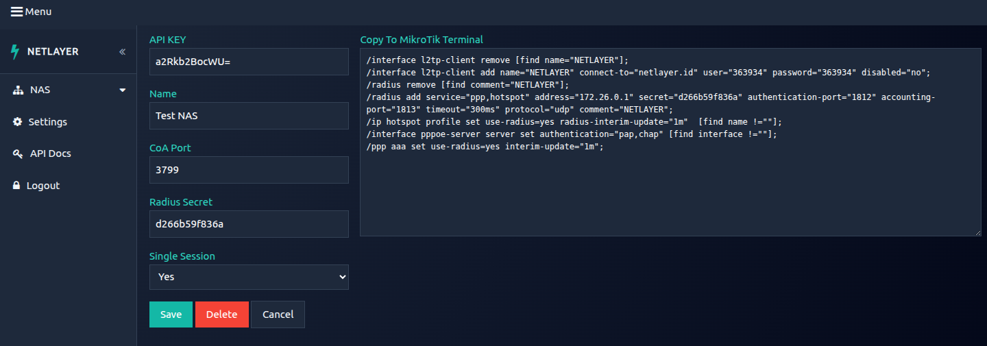 Script konfigurasi NAS pada NETLAYER