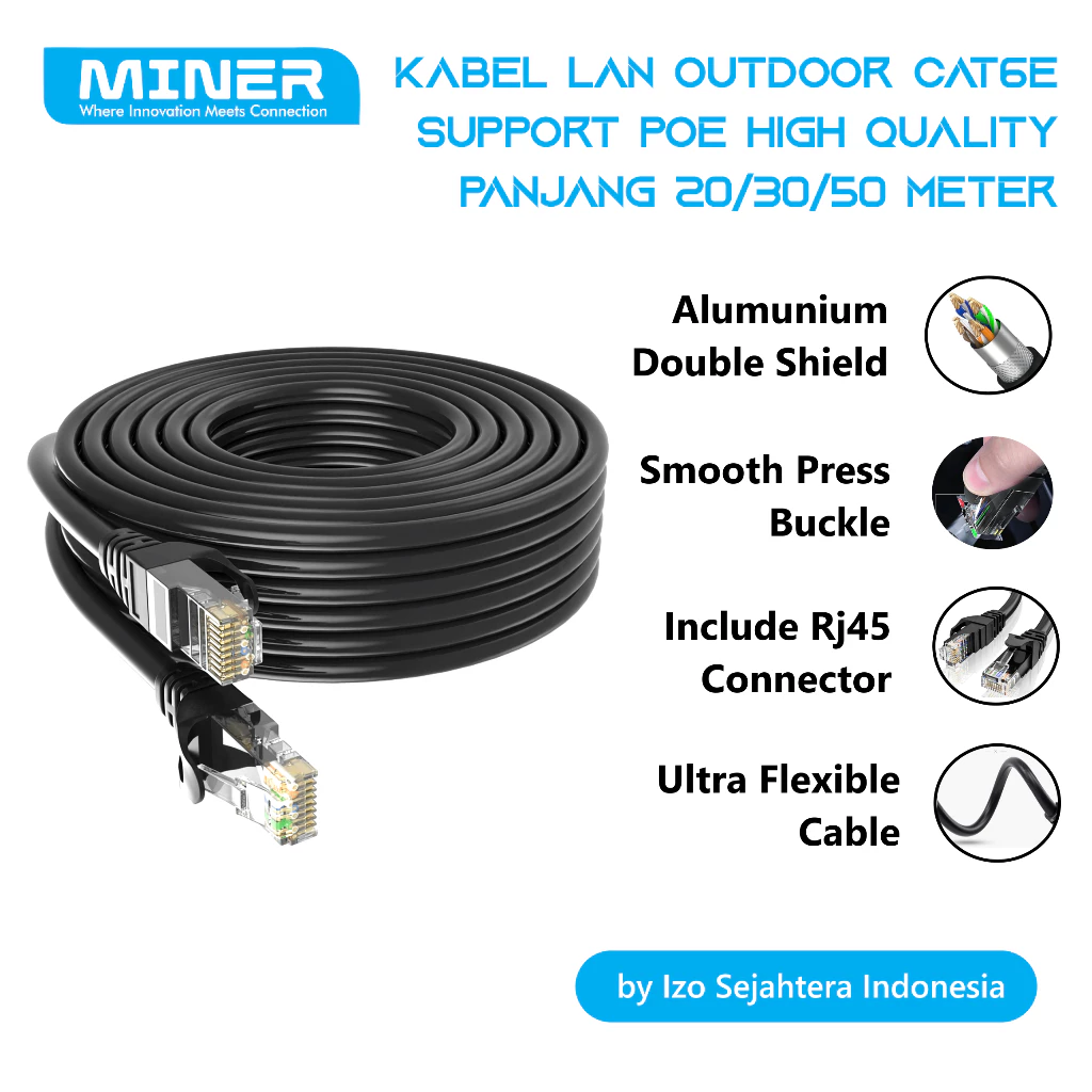 NETLAYER - Kabel LAN Outdoor CAT6E Support POE High Quality Panjang 20/30/50 Meter