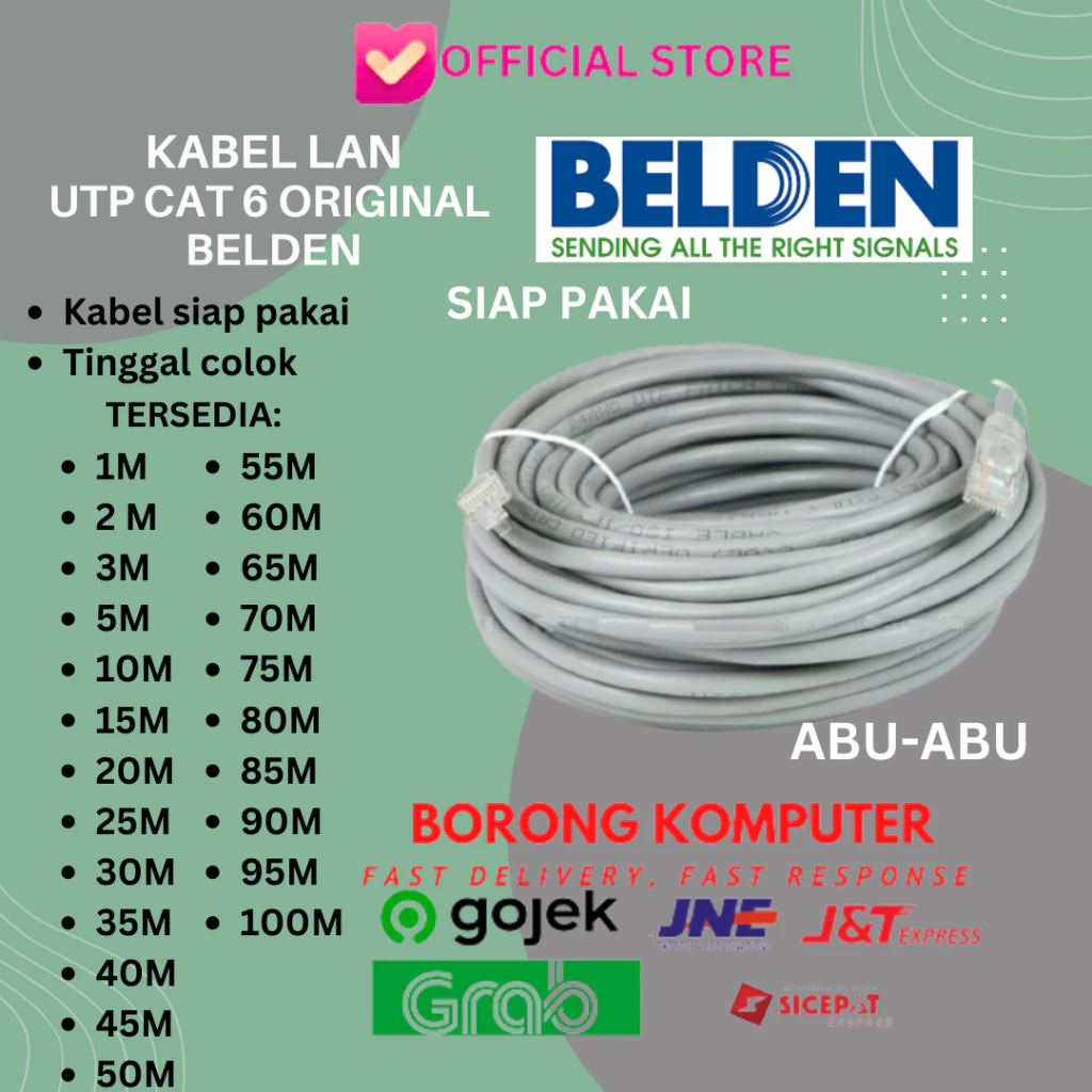 NETLAYER - Kabel LAN UTP Cat6 BELDEN Siap Pakai ABU-ABU 15M - 60M