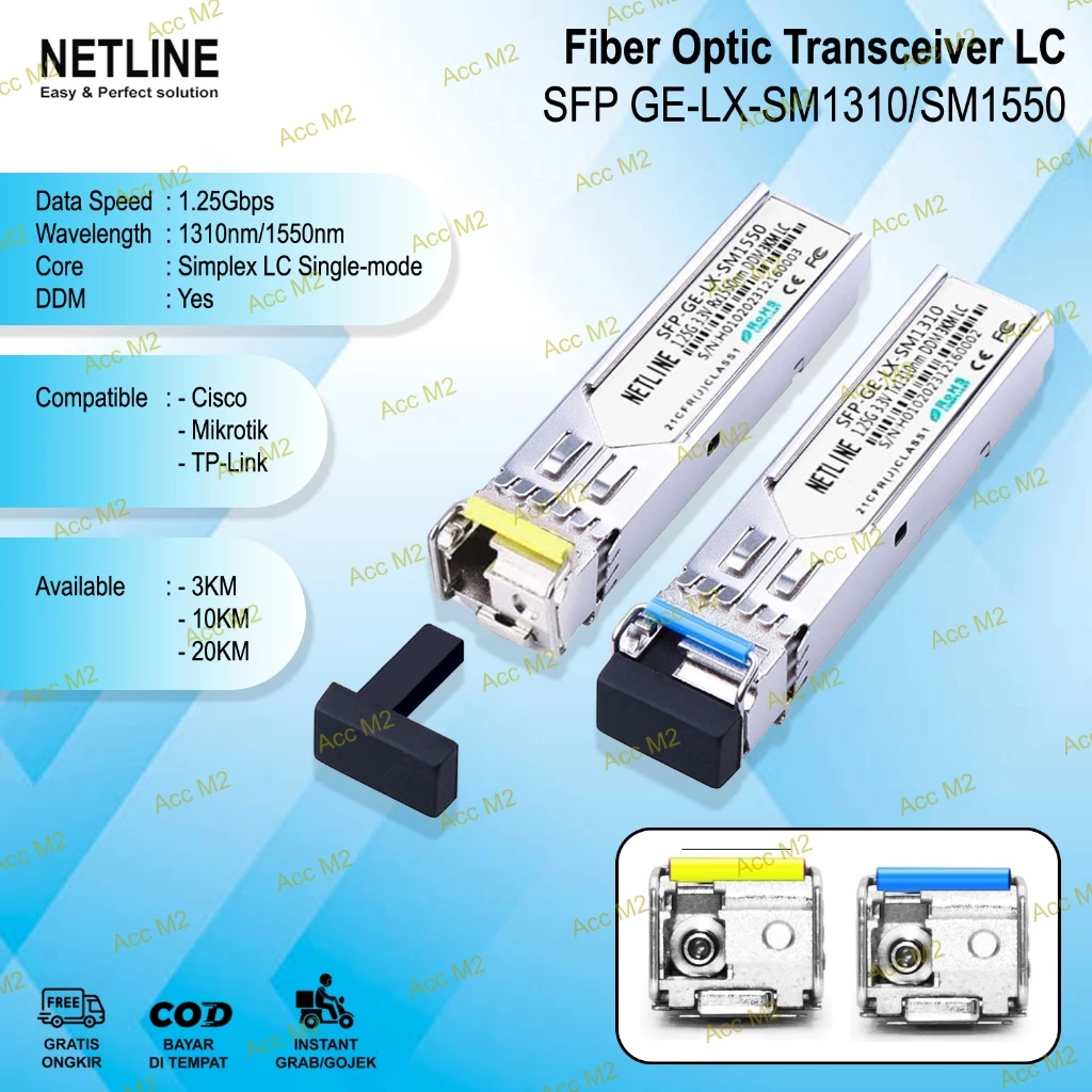 NETLAYER - Transceiver Fiber Optic LC Single Mode SFP-GE-LX-SM1310/SM1550 1.25Gbps 3KM, 10KM, 20KM, 40KM