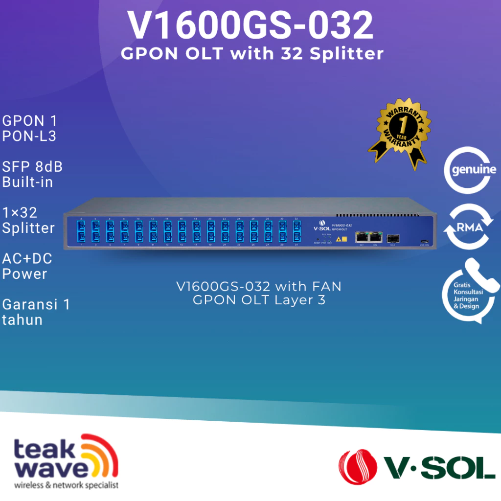 NETLAYER - V-SOL V1600GS-O32 GPON OLT With Fan L3 1 PON PORT With 32 Splitter AC+DC Power V-SOL