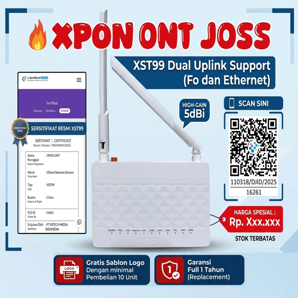 NETLAYER - [POSTEL] MODEM XPON PLUS XST99 JOSS UNIT+ADAPTOR+BOX [GARANSI 1 TAHUN]