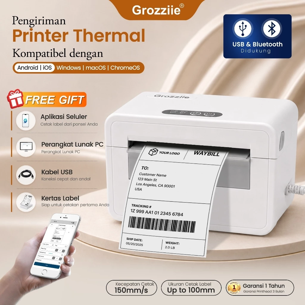 NETLAYER - GROZZIIE Printer Thermal Label & Resi | USB + Bluetooth | Cepat, Praktis & Mudah Digunakan