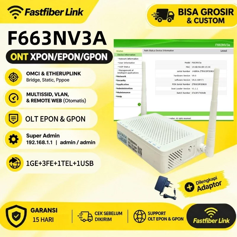 NETLAYER - Modem Xpon ZTE F663NV3a Gpon Epon Onu Dual Antena Bekas Original Bonus Adaptor