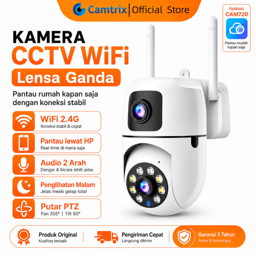 NETLAYER - [Garansi 3 Tahun] Camtrix CCTV CAM720 Dual Lens WiFi 2.4G 1080P HD Night Vision PTZ Kamera Pengawas Auto Tracking Deteksi Gerakan Night Vision TF 256GB