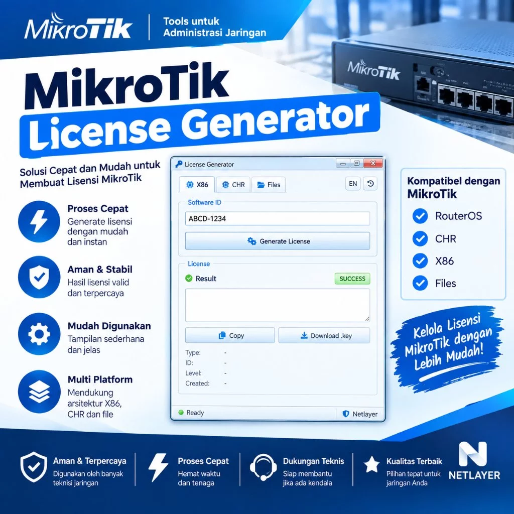 NETLAYER - MikroTik Lisensi Generator | Level 6 | P-Unlimited | X86 & CHR