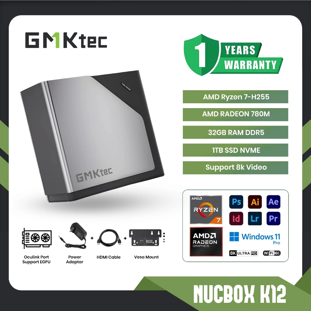 NETLAYER - MINI PC Gaming AMD Ryzen 7 H 255 GMKTEC K12 32GB RAM DDR5 1TB SSD NVME - Win 11 pro 4K Video