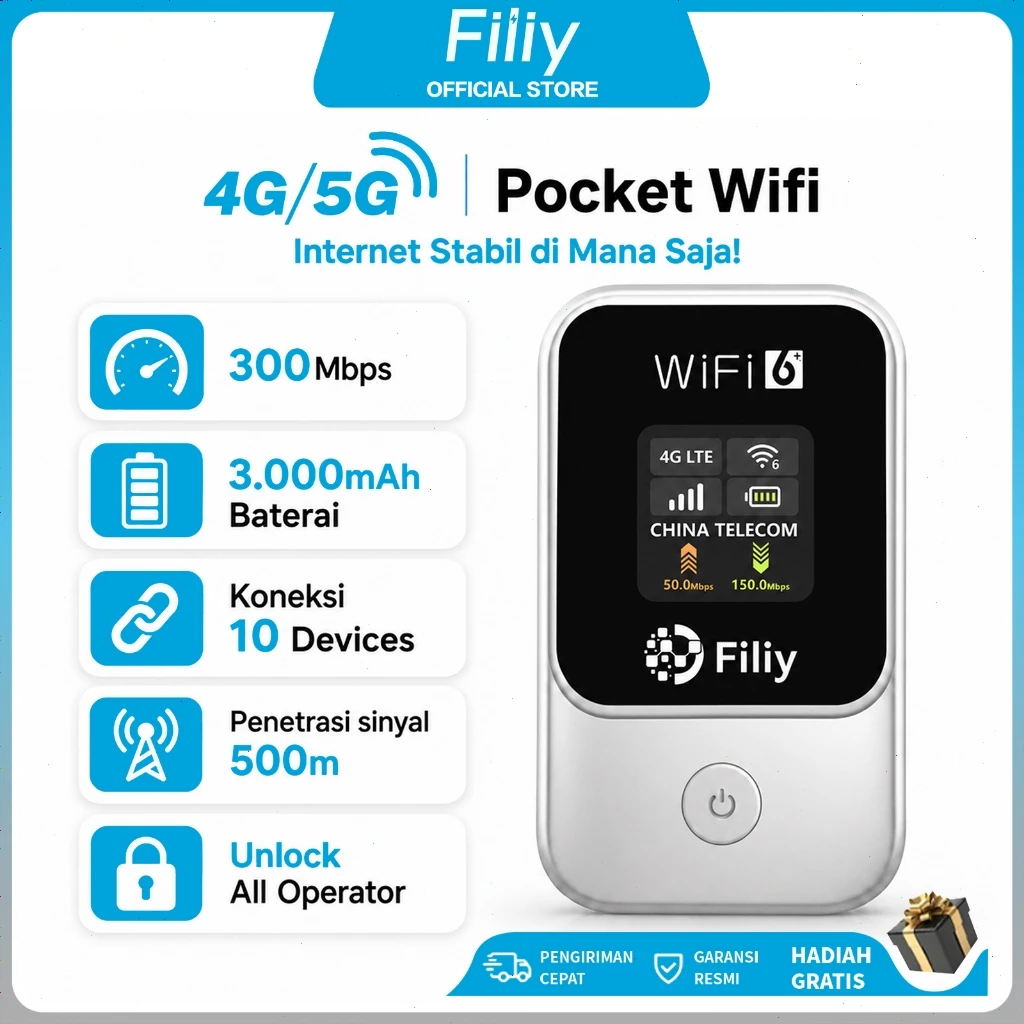 NETLAYER - Filiy MF906 Modem WiFi Portable 4G LTE WiFi 6 300Mbps Support Semua Operator 10 Device Smart LCD 3000mAh MiFi