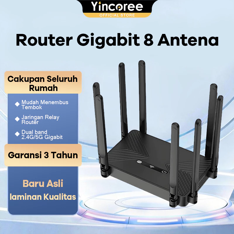 NETLAYER - Yincoree Router WiFi 8 Antena - Jangkauan Luas 3 Lantai, Kecepatan Tinggi 3000Mbps, MU-MIMO, OFDMA, Support 50+ Devices