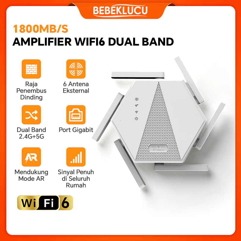 NETLAYER - Penguat Sinyal WiFi Repeater 1800 Mbps Dual Band 2.4G & 5G 6 Antena Kuat Coverage Seluruh Rumah Tanpa Lag untuk Gaming & Streaming