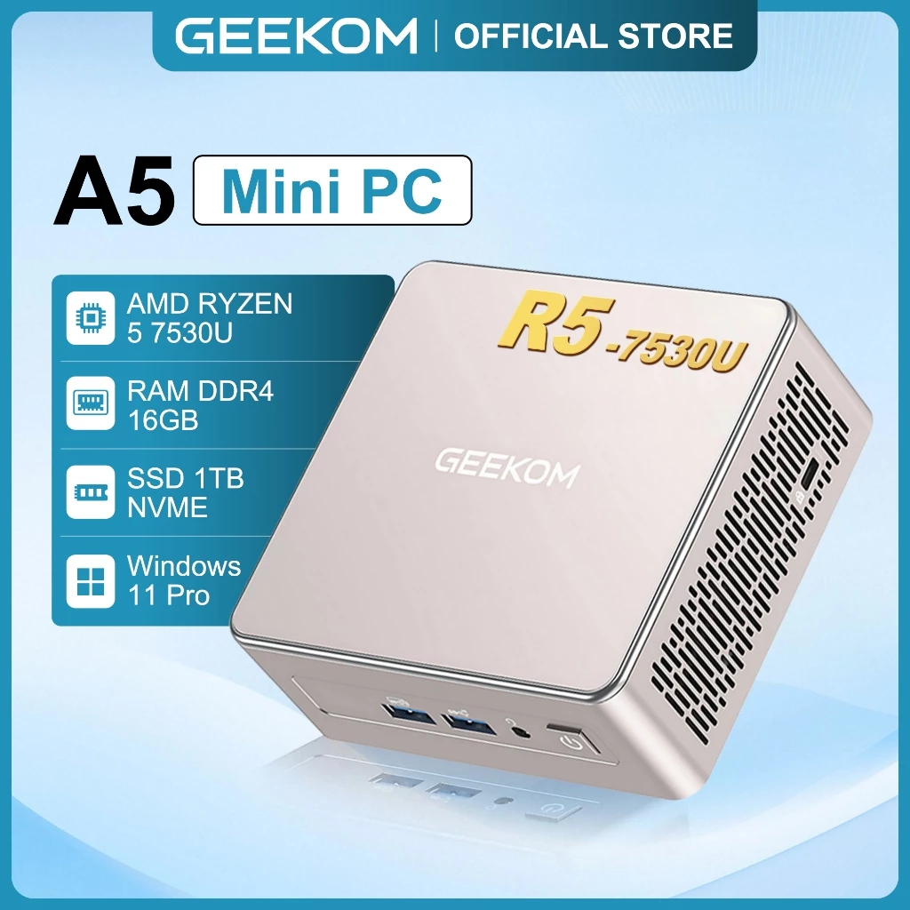 NETLAYER - GEEKOM A5 Ryzen 5 7530U 16GB RAM&1TB M.2 NVMe SSD Mini PC with AMD Windows 11 Pro Desktop Computer